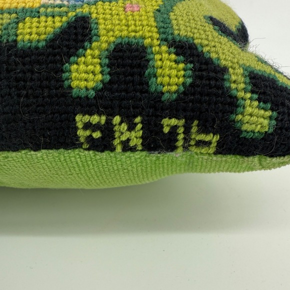 Vintage 1976 Handmade Needlepoint Frog Pillow 11x11 Signed FN 76 Velveteen Back - Picture 2 of 9